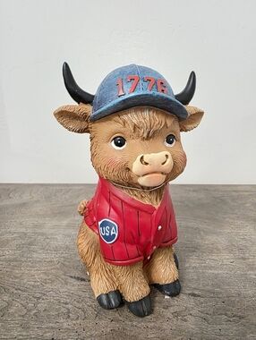 Stars And Strips Patriotic Highland Cow 4th of July Figurine in Baseball Outfit